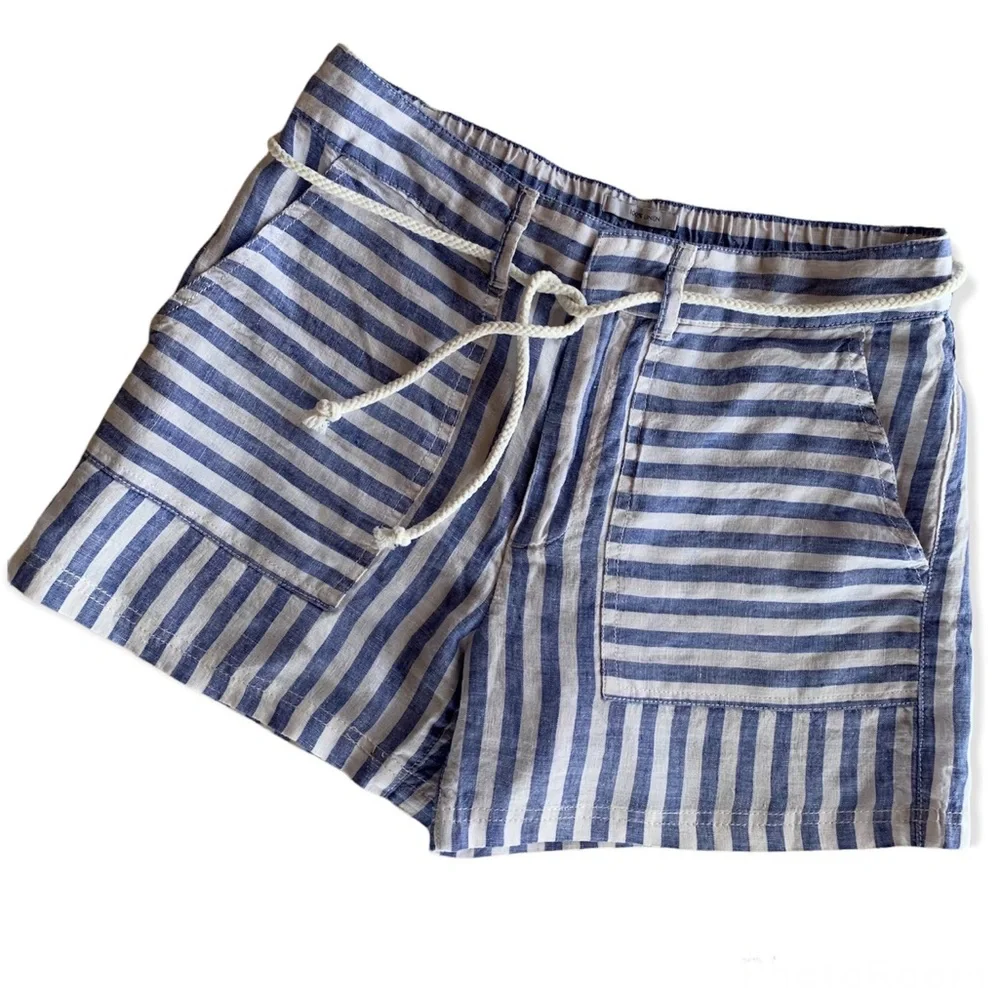 100% Linen Nicole Miller Striped Shorts in Blue & White with Rope Tie Belt - Picture 9 of 9